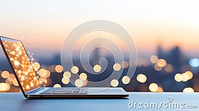 Laptop with strings of glowing code appearing to flow out of the screen, set against a blurred urban backdrop, symbolizing data Cartoon Illustration