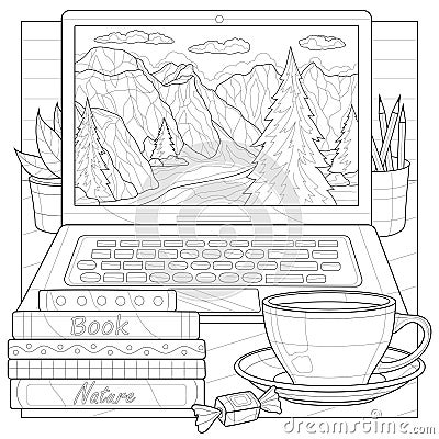 The laptop is on the table with books and a cup of coffee.Coloring book antistress for children and adults Vector Illustration