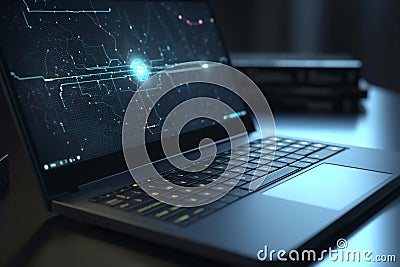 laptop on the table Data visualization on a laptop screen, AI Generative Stock Photo