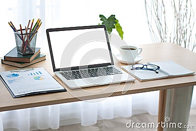 Laptop on table. Working place table. Editorial Stock Photo