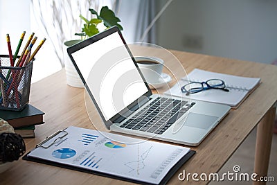 Laptop on table. Working place table. Editorial Stock Photo