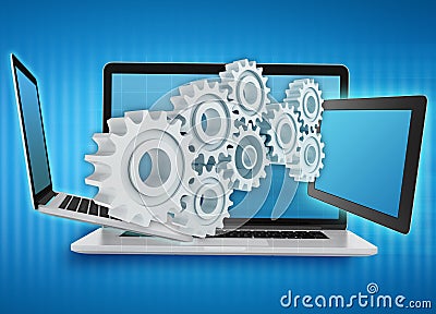 Laptop, tablet with gears. Repair and service of electronics. Teamwork Stock Photo