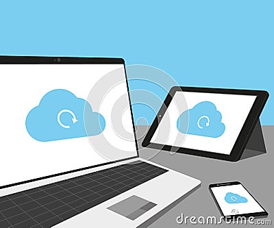 Laptop, tablet pc and smartphone with cloud sync Vector Illustration