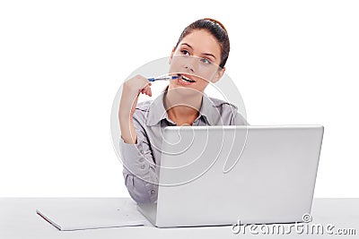 Laptop, thinking and business woman with studio decision, brainstorming ideas and question problem solving plan Stock Photo