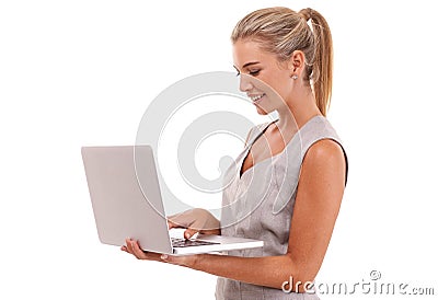 Laptop, typing and profile of business woman review financial portfolio, stock market or online investment. Economy Stock Photo