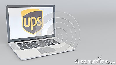 Laptop with United Parcel Service UPS logo. Computer technology conceptual editorial 3D rendering Editorial Stock Photo