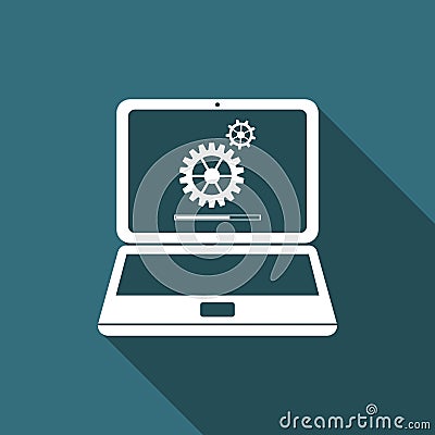 Laptop update process with gearbox progress and loading bar icon isolated with long shadow. System software update Vector Illustration