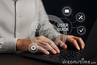 Laptop User Guide Concepts: Online Tutorials and Business Service Strategy Consulting Stock Photo