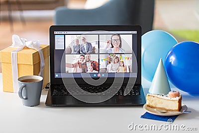 laptop with video call or online birthday party Stock Photo