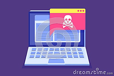 Laptop virus malware trojan notification or alert. Hacker attack vector concept Vector Illustration