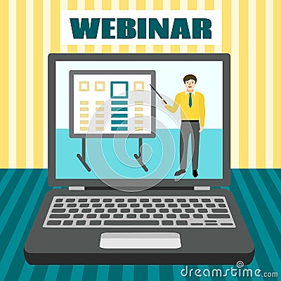 Laptop webinar concept banner, flat style Vector Illustration