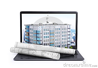 Laptop, on which is located a multi-storey building and rolls with drawings Cartoon Illustration