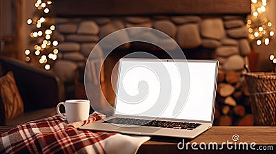 Laptop with a white screen mock up, indoor near burning fireplace in rustic style, with cozy blanket and cup of coffee. Seasonal Stock Photo