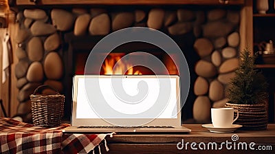 Laptop with a white screen mock up, indoor near burning fireplace in rustic style, with cozy blanket and cup of coffee. Seasonal Stock Photo