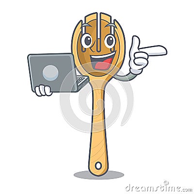 With laptop wooden fork character cartoon Vector Illustration