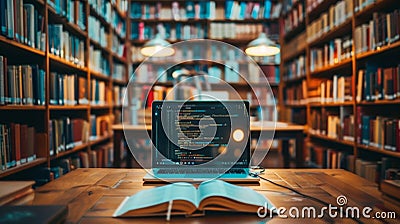 Laptop on a wooden table displaying code, with a backdrop of bookshelves inside a library Stock Photo