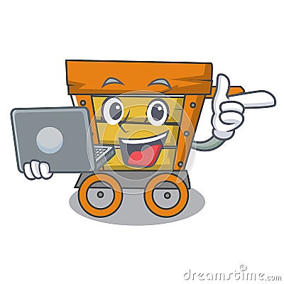 With laptop wooden trolley character cartoon Vector Illustration