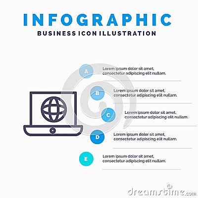 Laptop, World, Globe, Technical Line icon with 5 steps presentation infographics Background Vector Illustration