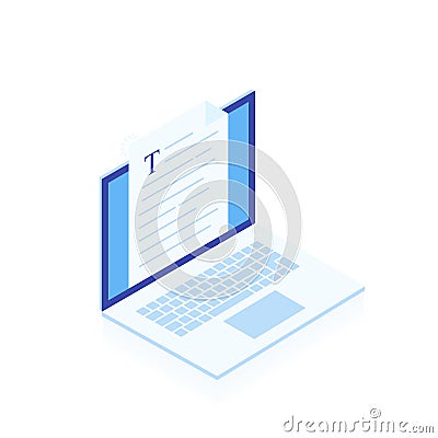 Laptop with writing letter or journal isolated on white background, journalist author working. Blogging. Vector Illustration