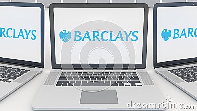 Laptops with Barclays logo on the screen. Computer technology conceptual editorial 3D rendering Editorial Stock Photo