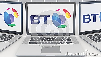 Laptops with BT Group logo on the screen. Computer technology conceptual editorial 3D rendering Editorial Stock Photo
