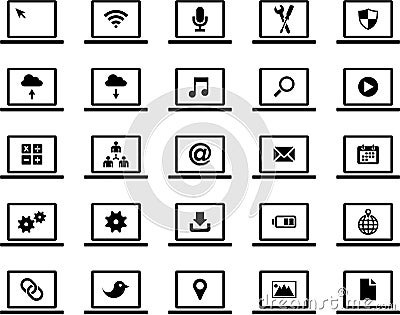 Laptops with different icons on the screen Vector Illustration