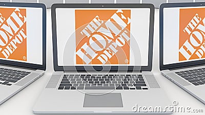 Laptops with The Home Depot logo on the screen. Computer technology conceptual editorial 3D rendering Editorial Stock Photo