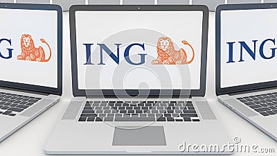 Laptops with ING Group logo on the screen. Computer technology conceptual editorial 3D rendering Editorial Stock Photo