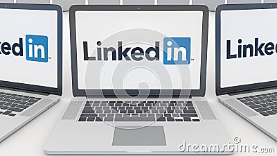 Laptops with LinkedIn logo on the screen. Computer technology conceptual editorial 3D rendering Editorial Stock Photo