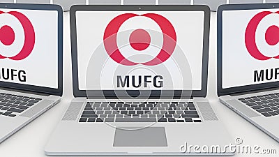 Laptops with MUFG logo on the screen. Computer technology conceptual editorial 3D rendering Editorial Stock Photo