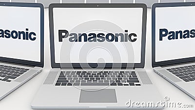 Laptops with Panasonic Corporation logo on the screen. Computer technology conceptual editorial 3D rendering Editorial Stock Photo