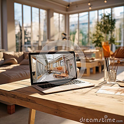 Laptop Setting on Desk Sunlight through Window Stock Photo