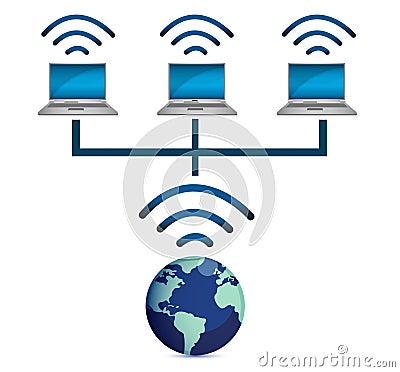 laptops wireless connected and earth globe Vector Illustration