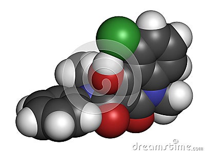 Laquinimod multiple sclerosis drug molecule. 3D rendering. Atoms are represented as spheres with conventional color coding: Stock Photo