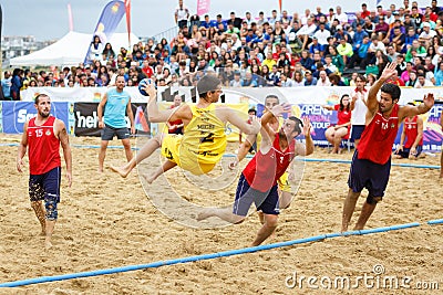 LAREDO, SPAIN - JULY 31: Unidentified, El CBMP ciudad de Malaga, player launches to goal in the Spain handball Championship celebr Editorial Stock Photo