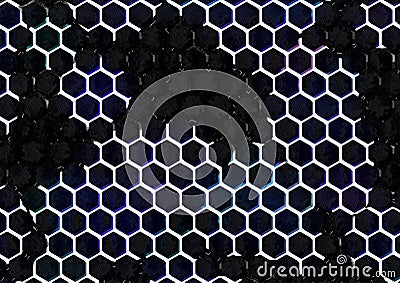 Large image of hexagonal pattern with white divisions and cool-colored cells on dark metallic surface. Stock Photo