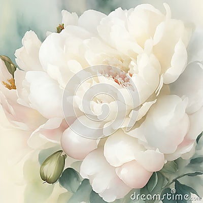 Large abstract illustration of a white and pink peony flower on soft watercolor background Cartoon Illustration