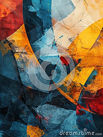 A large abstract painting with a blue, yellow and red color scheme, AI Stock Photo