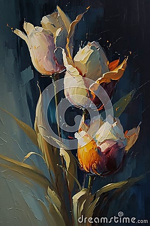 Large Abstract tulips Flowers , Heavy Texture, oil on canvas, palette knife painting Stock Photo