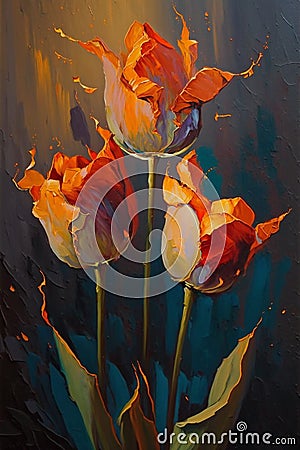 Large Abstract tulips Flowers , Heavy Texture, oil on canvas, palette knife painting Stock Photo