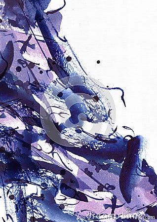 Large abstract watercolor background. Vivid blue and purple freehand brush stains, dots and spots on grainy white textured paper. Cartoon Illustration