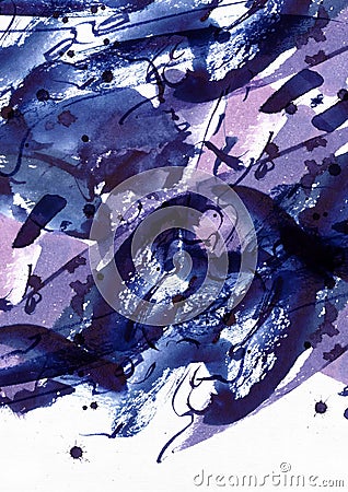 Large abstract watercolor background. Vivid blue and purple freehand brush stains, dots and spots in solid texture on grainy white Cartoon Illustration