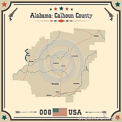 Vintage map of Calhoun county in Alabama, USA. Vector Illustration