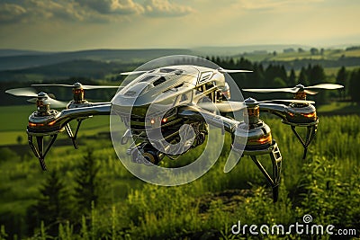 Large Agricultural Drone over a Field extreme closeup. Generative AI Stock Photo