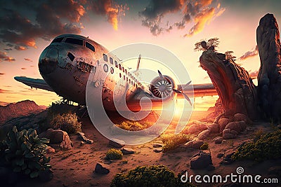 A large airplane crashed plane in the desert on sunset, catastrophe, Stock Photo