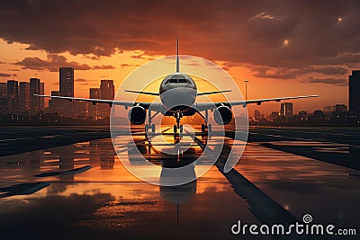 A large airplane landing on airport runway at sunset or dawn Stock Photo