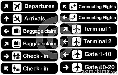 Large airport dirrection signs collection, vector illustration Vector Illustration