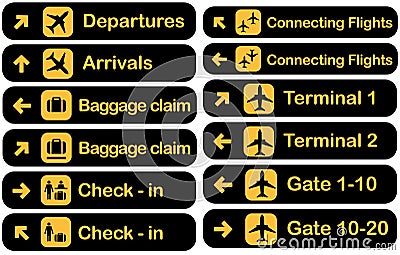 Large airport dirrection signs collection, vector illustration Vector Illustration