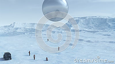 Large Alien Silver Sphere Floating above a Frozen Glacier with People in Hazmat Suits Observing it Cartoon Illustration