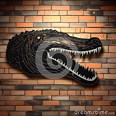 Extruded Design: Black Alligator Head On Brick Wall Stock Photo